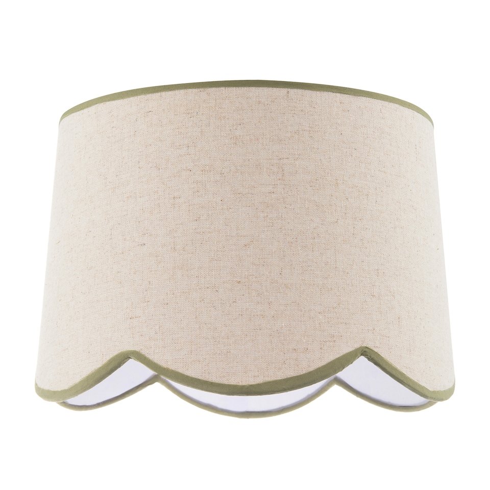 image 1 of Natural Oatmeal Textured Linen Scallop Lamp Shade with Olive Trims | Green | Olive Green | 1