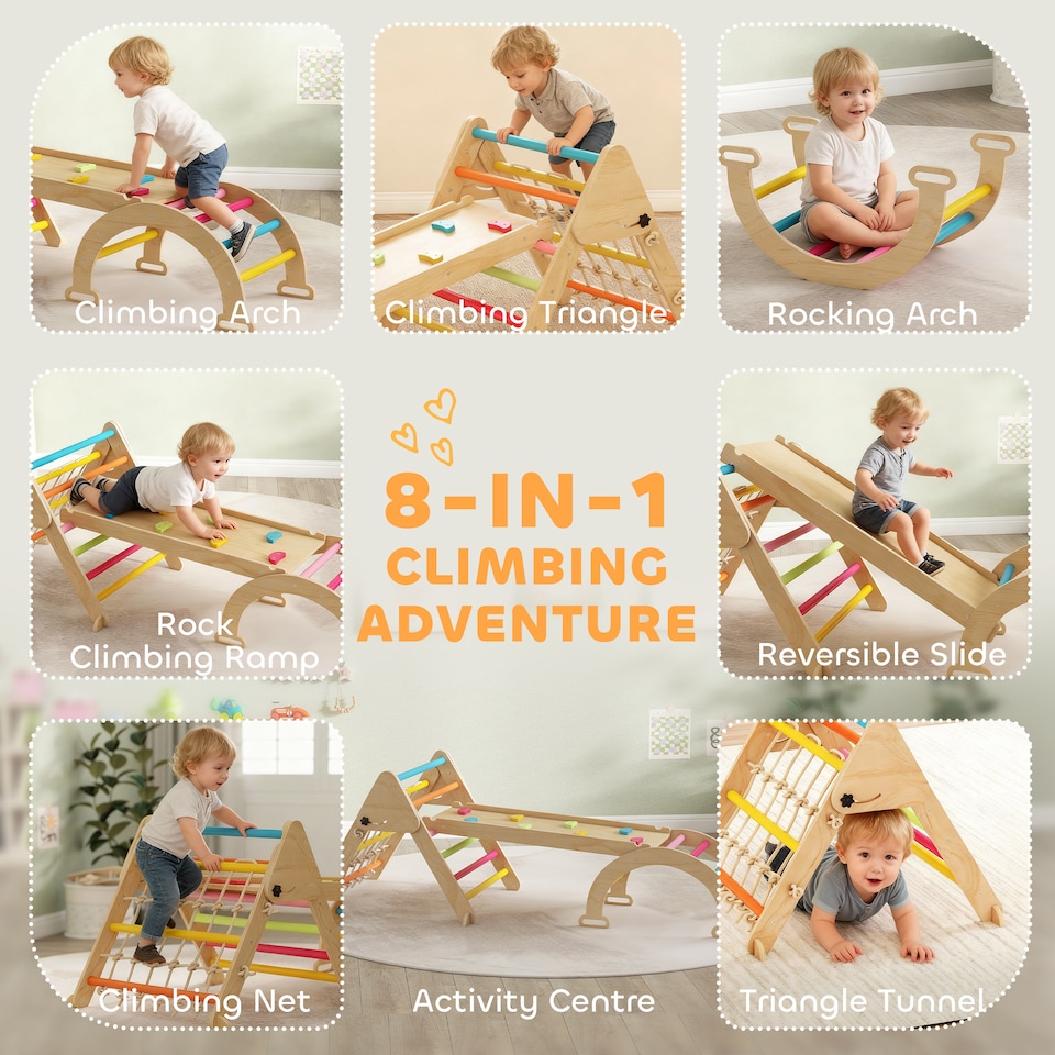 image 1 of AIYAPLAY 8-in-1 Toddler Climbing Frame, Play Triangle Set, Multicolour