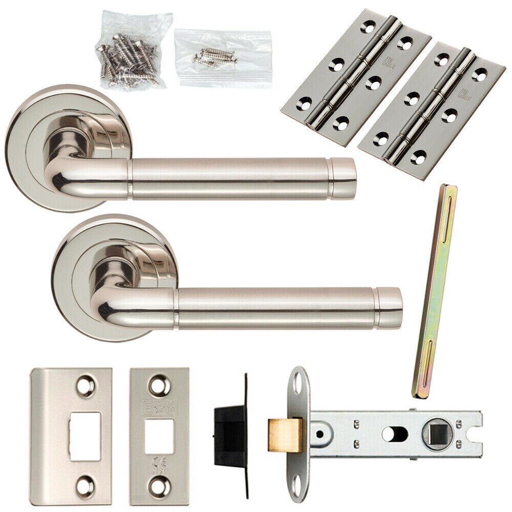 Loops Door Handle & Latch Pack Polished & Satin Nickel Elliptical Bar Screwless Rose in Metallics