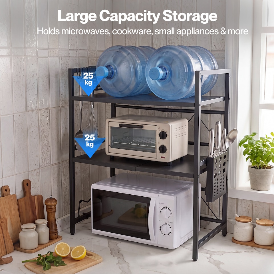 image 1 of TOQUE 3 Tier Expandable Microwave Oven Rack Stand Kitchen Storage Shelf Black