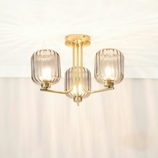 ValueLights Amelie 3 Way Ribbed Glass Gold Ceiling Pendant Light with LED Bulbs
