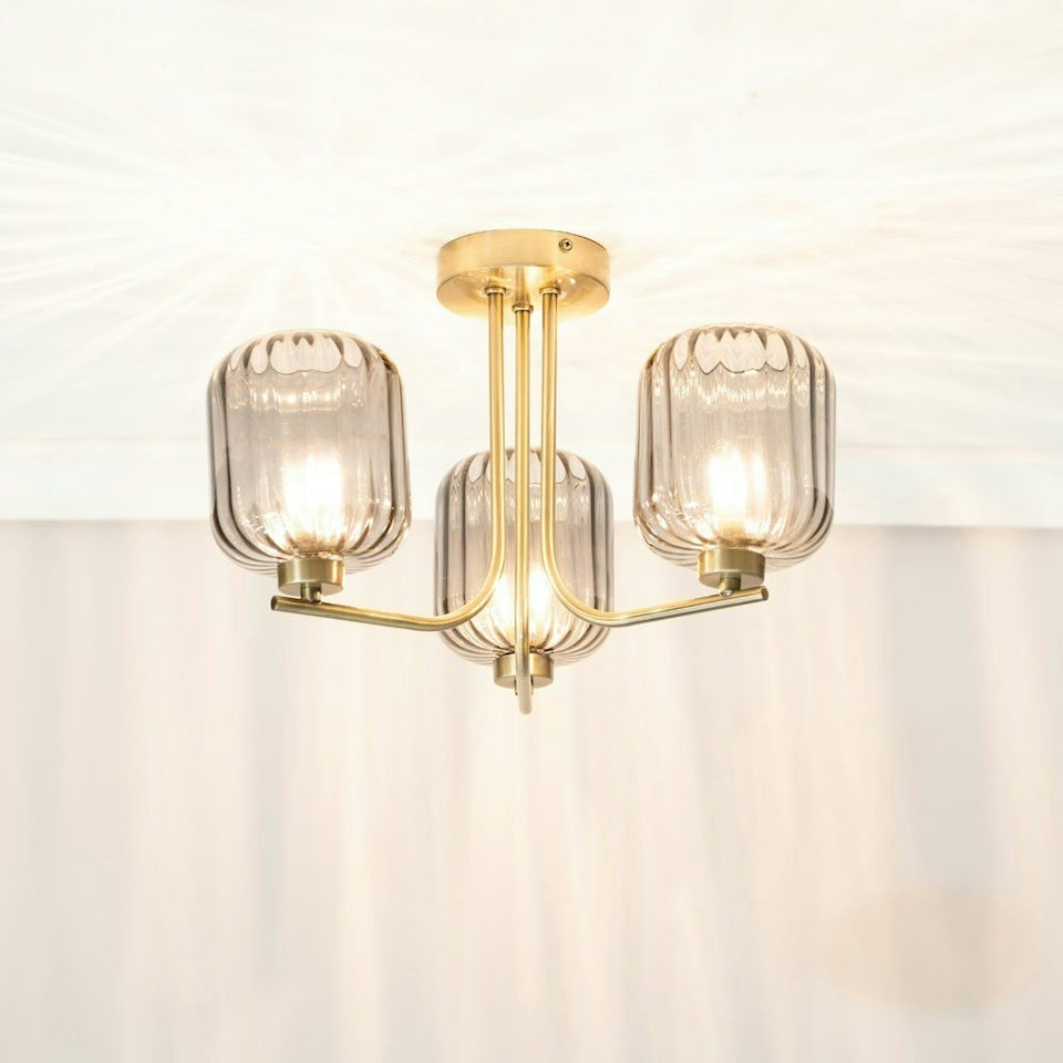image 1 of ValueLights Amelie 3 Way Ribbed Glass Gold Ceiling Pendant Light with LED Bulbs