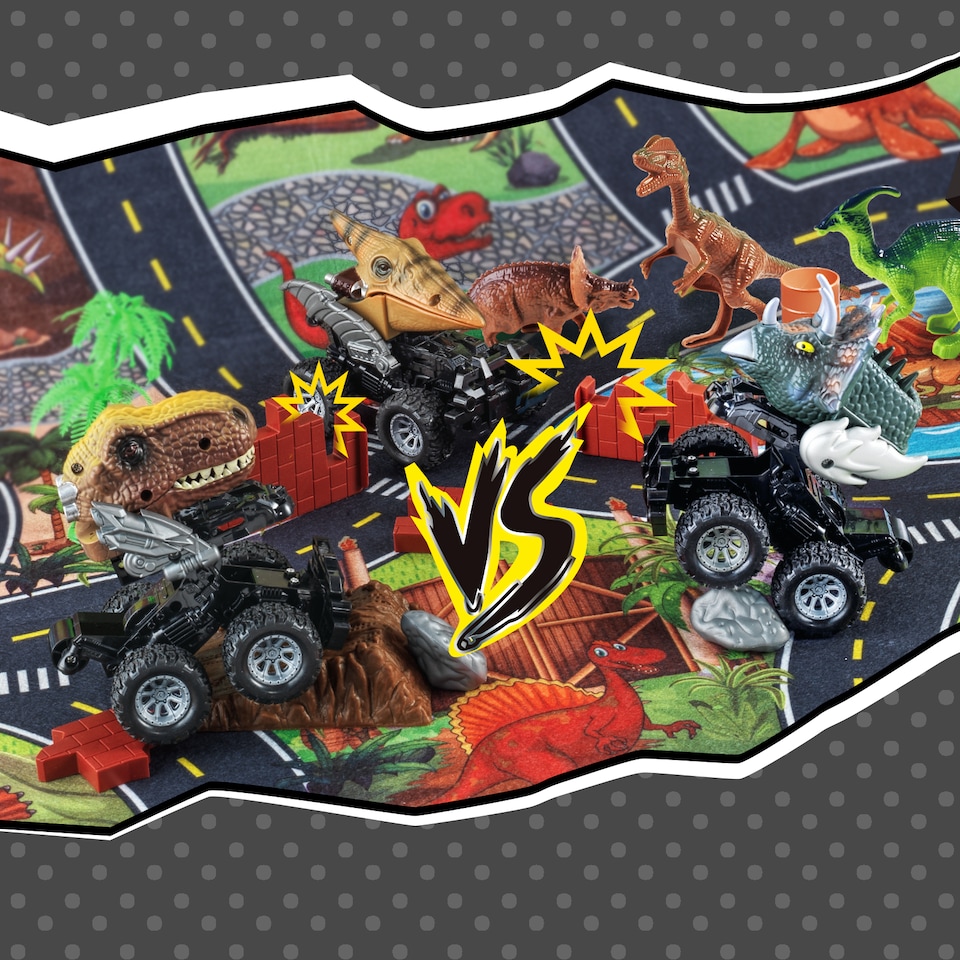 image 1 of Pack of 3 Dino Cars with Mini Dinosaurs & Play Map Roaring Fun on Wheels!