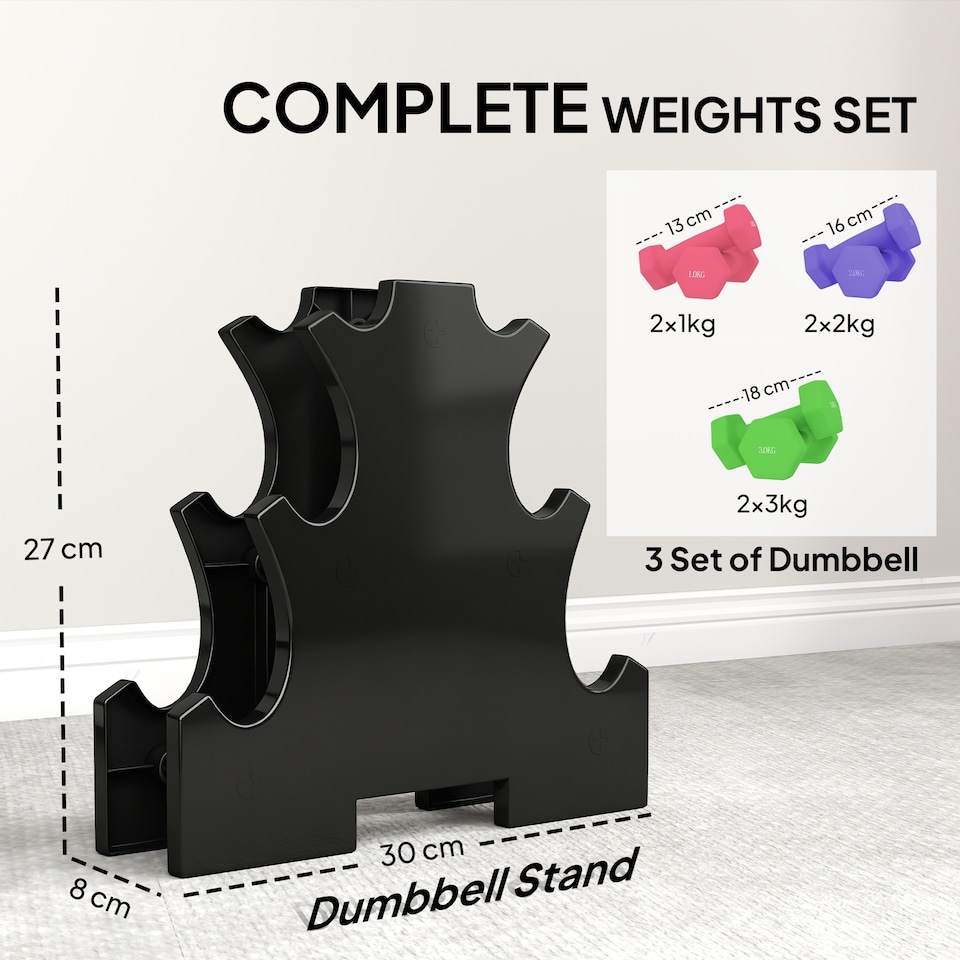 image 1 of SPORTNOW Hex Dumbbells Set with Dumbbell Rack, 2 x 1kg, 2 x 2kg, 2 x 3kg | Multi | Pink, Green, Purple | 30L x 8W x 27H cm
