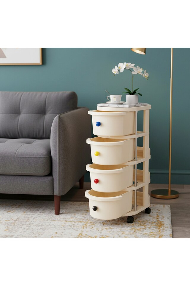 image 1 of Living and Home 4-Tier Rolling Storage Cart with Drawers and Lockable Casters | Cream