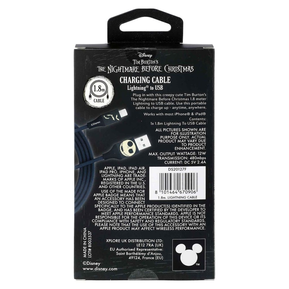 image 1 of Nightmare Before Christmas 6ft USB-A To Lightning Braided Charging Cable Jack Bats