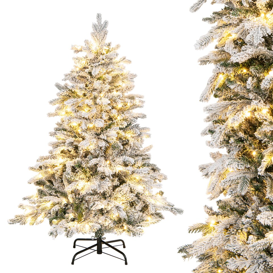 image 1 of COSTWAY 4.5FT Pre-lit Artificial Christmas Tree Hinged Flocked Xmas Tree with LED Lights