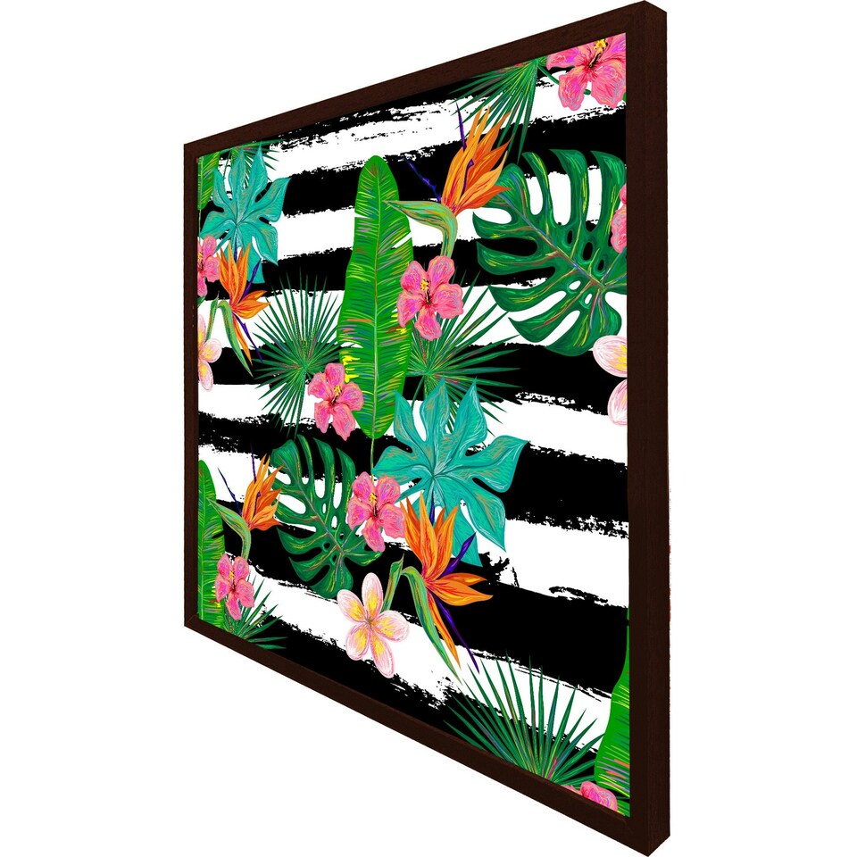 image 1 of Tropical plants on black & white stripes (Picutre Frame) Brown | Oak | XS