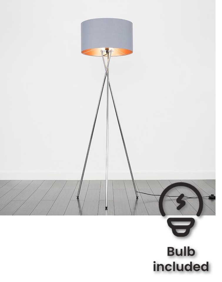 image 1 of ValueLights Camden Chrome Tripod Floor Lamp Grey & Copper Shade & Bulb | Copper
