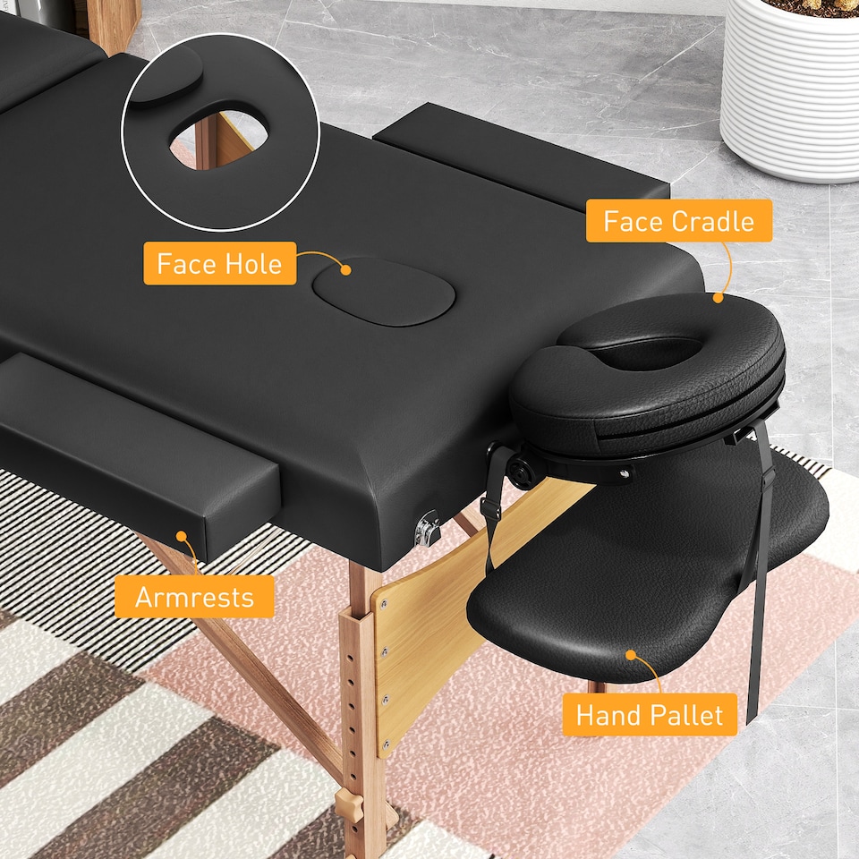 image 1 of HOMCOM Portable Massage Table, 3 Section Adjustable Beauty Bed, Wooden Foldable Massage Bed with Face Cradle, Padded Armrests for Spa, Lash, Tattoo, Black | Black | Black