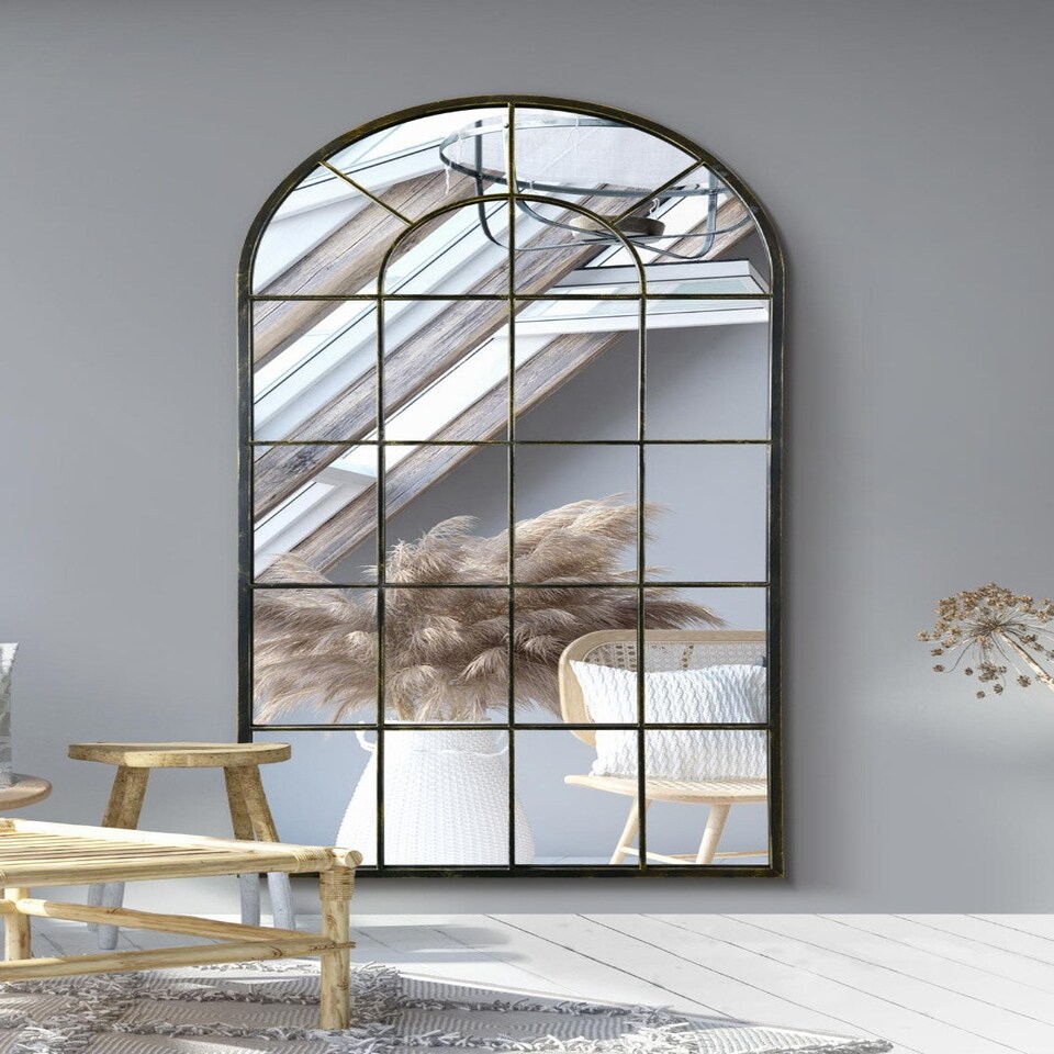 image 1 of The Arcus - Antique Black Framed Arched Window Leaner/Wall Mirror 71" X 33.5" (180x85CM) Black