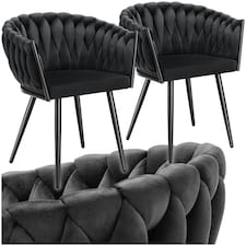 Dining Chair Astano - padded, velvet, knot design, continuous backrest - Set of 2 Black