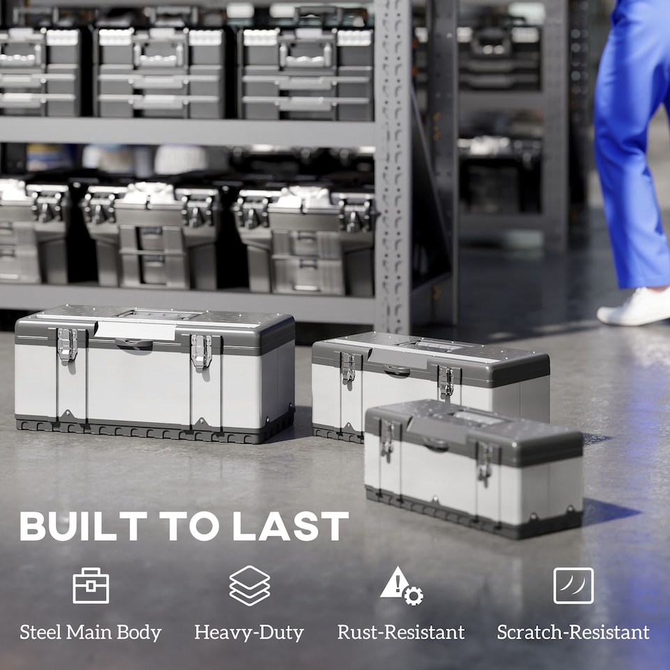 image 1 of HOMCOM 3 Pieces Tool BoSet, 23 19 16 Powder Coated Stainless Steel Toolbowith Removable Tray, Handles, Latches, Heavy Duty Tool Case Storage for Workshop, Garage | Silver