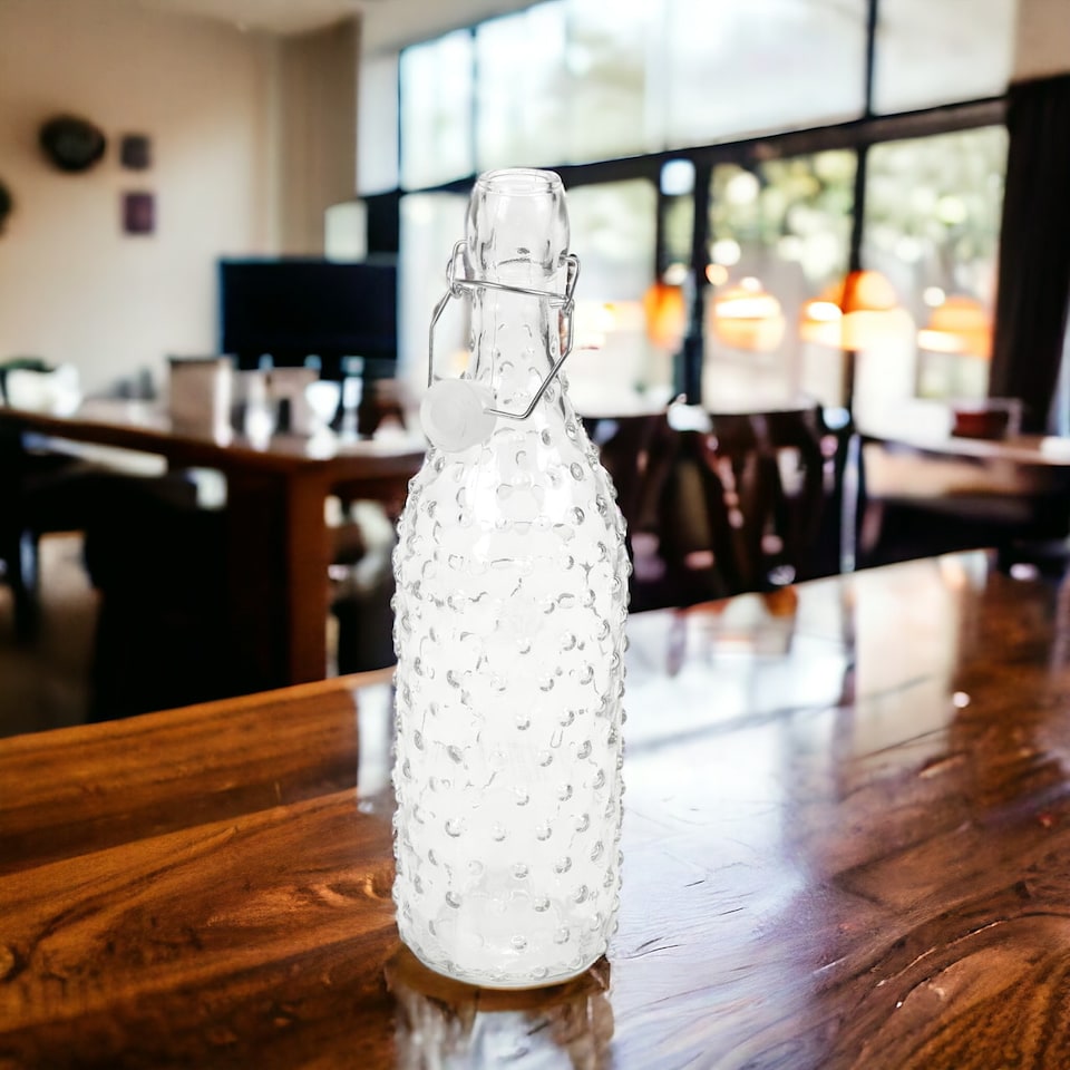 image 1 of 1L Clear Dotted Design Glass Swing Lid Bottle | Clear | 1L | 1