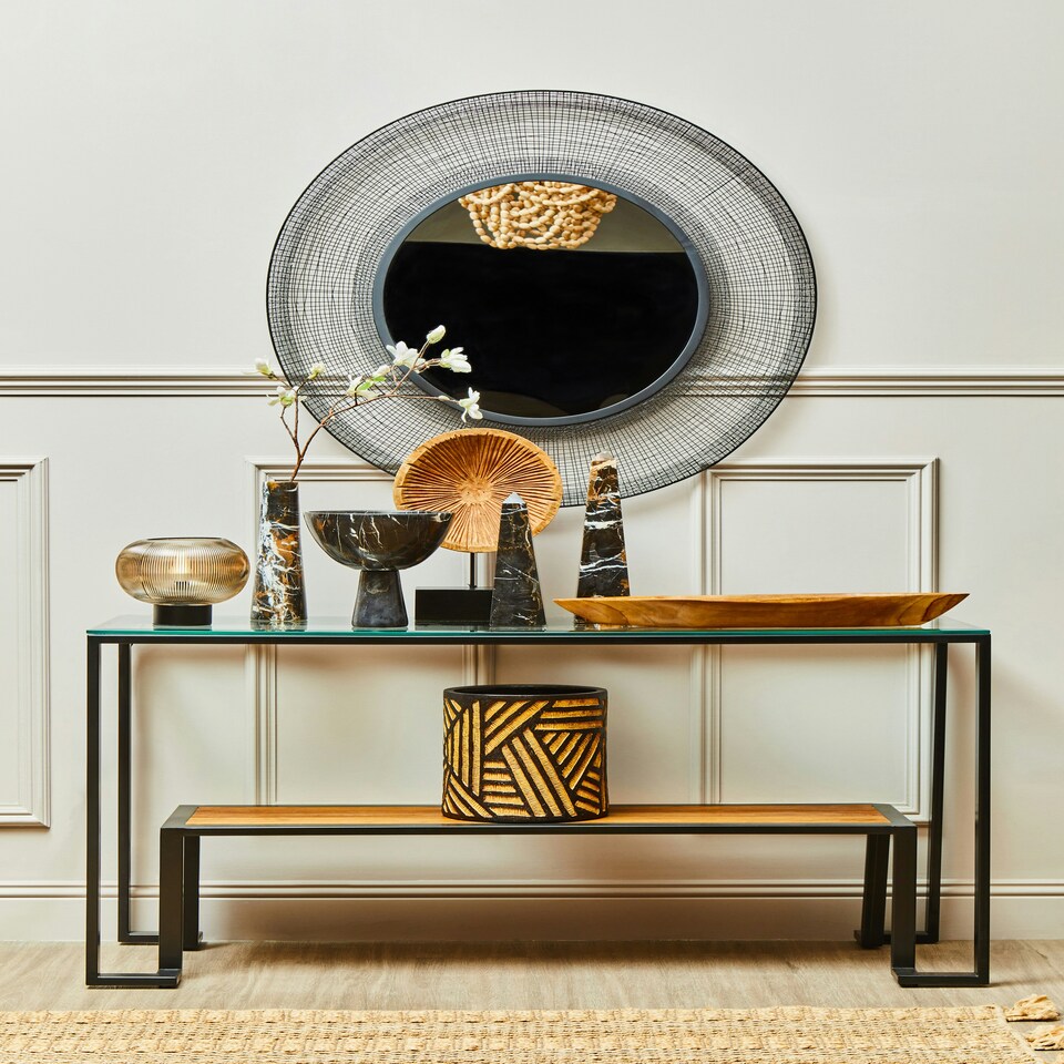 image 1 of Interiors by Premier Roman Console Table, Rectangular Tempered Glass Top on Black Metal Frame, Teak‑Wood Lower Shelf Console Black