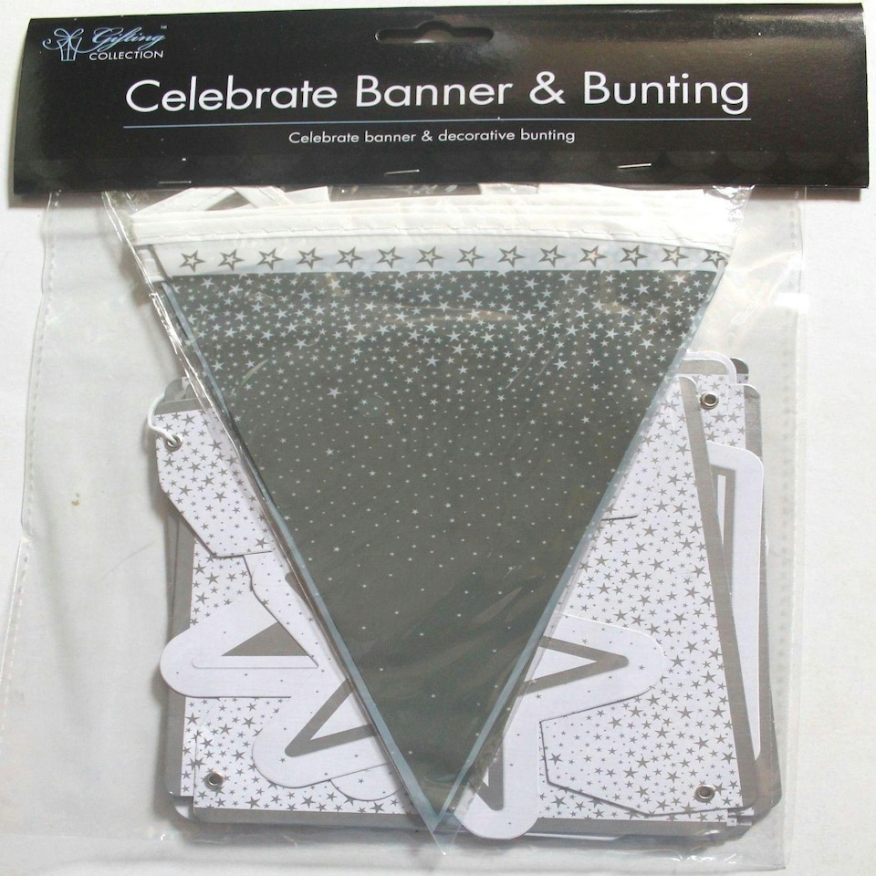 image 1 of Christmas All Occasion Decorative Banner & Bbunting Party Celebrate and Stars Design White Silver