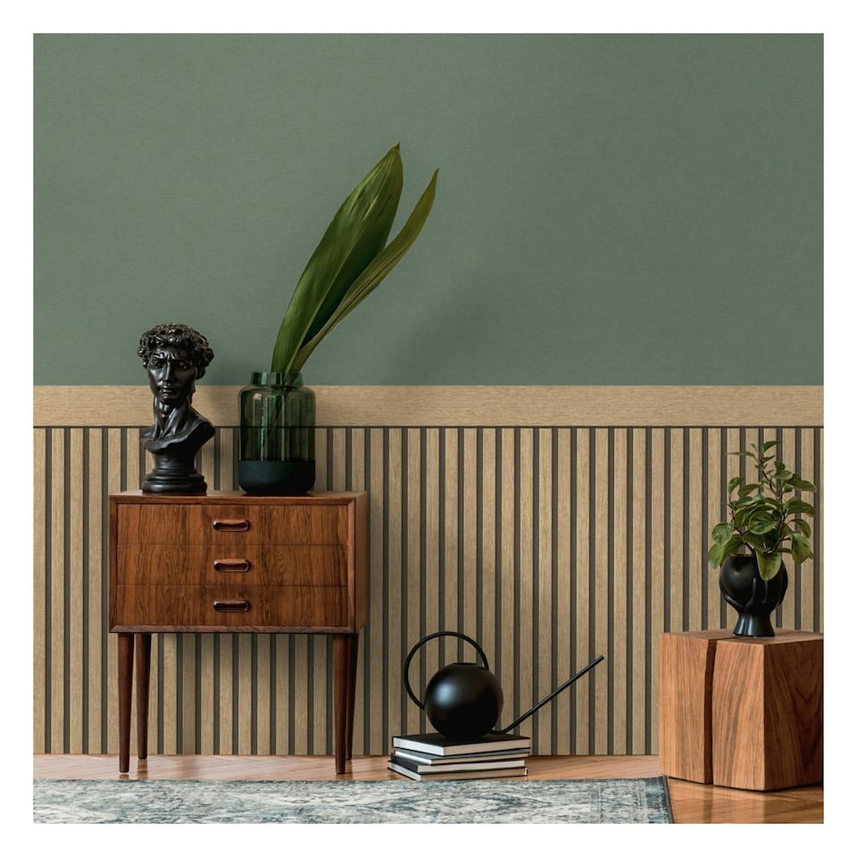 image 1 of AS Creation Wood Slats Dado Panel Wallpaper - Natural/Black - 5m x 106cm Cream