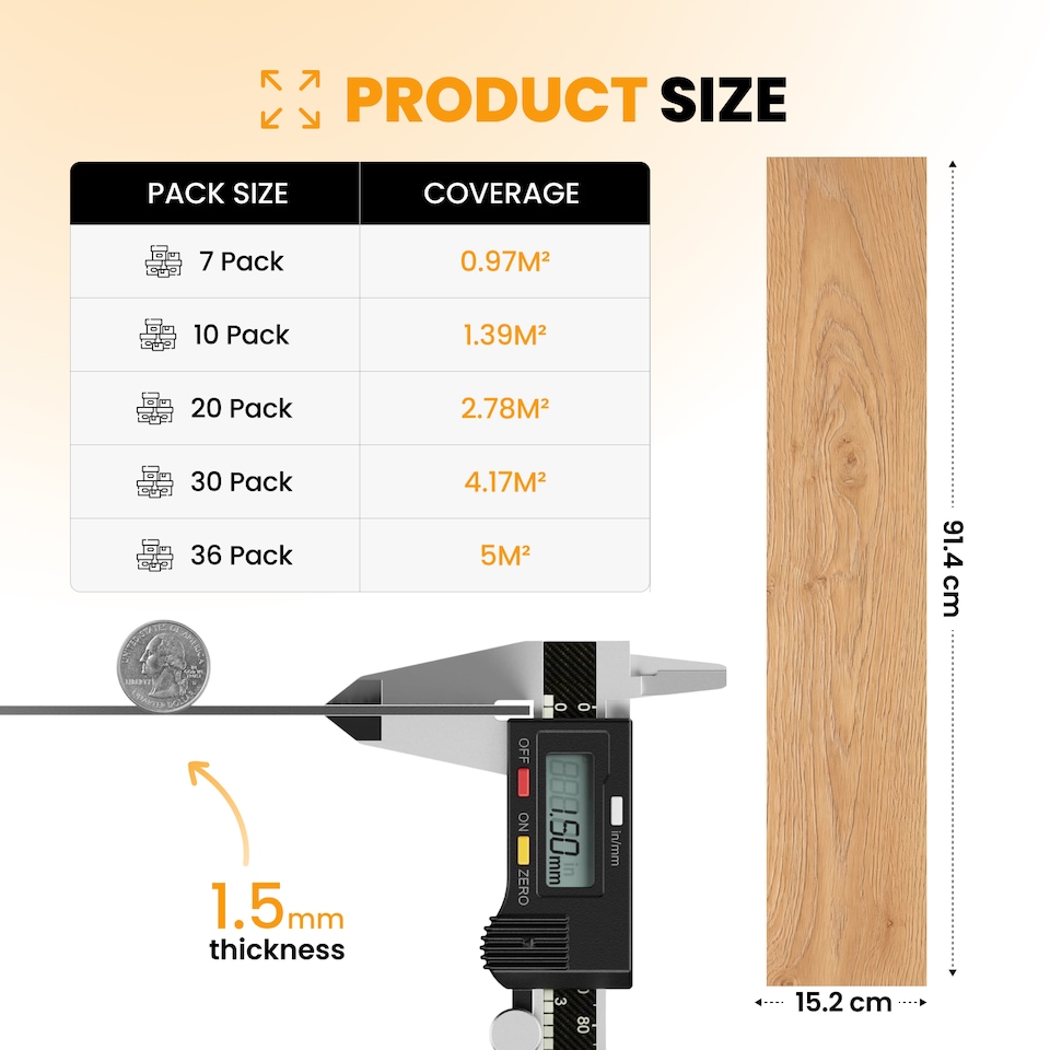 image 1 of Self Adhesive Floor Planks | 5.9x35.9in (91.4x15.2cm) Each | Peel & Stick Vinyl Flooring | Beige Wood Effect | Easy DIY | Stick On Tile Planks | Brown | 4.17 sqm