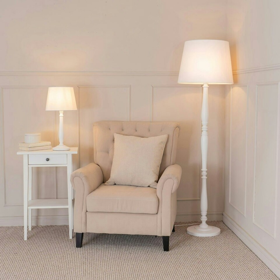 image 1 of ValueLights Victoria White Wood Traditional Stem Table Lamp with White Fabric Tapered Shade