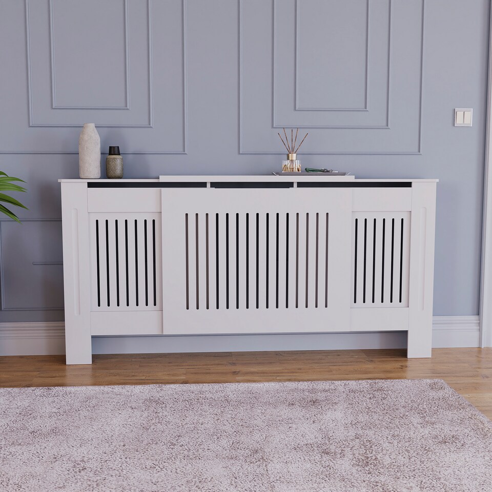 image 1 of Vida Designs Chelsea Radiator Cover Painted MDF Slatted Cabinet, White, 140-204cm