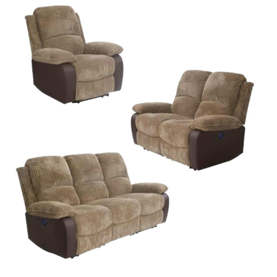 image 1 of Electric Recliner Fabric Cord Sofa Suite With Armchair 2-Seater And 3-Seater Sofa In Brown