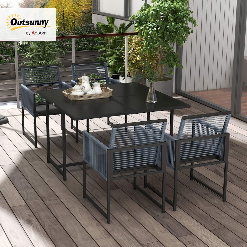 image 1 of Outsunny 5 Pieces Garden Dining Set, Outdoor Patio Cube Set, 4 Seater Outdoor Table and Chairs with Foldable Backrest, Tempered Glass Top, Handwoven Rope for Poolside, Space Saving, Dark Grey