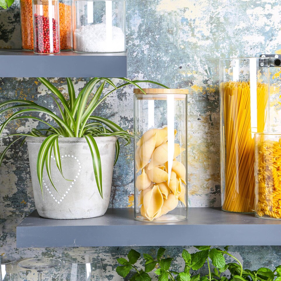 image 1 of Argon Tableware Glass Storage Jars - Carved Wood Lid - 1.5 Litre - Modern Round Scandi Organisation Container Glass Jar - Set of 3