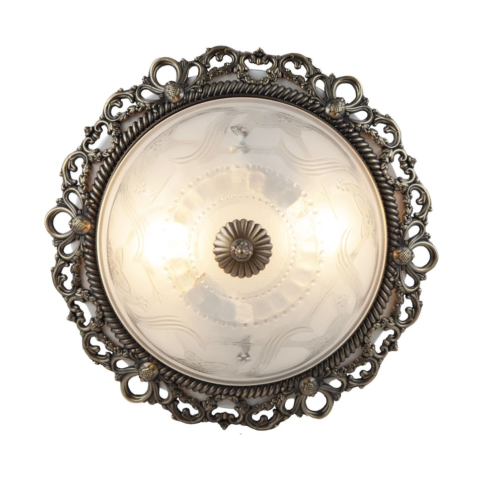 image 1 of Traditional and Classic Antique Brass and Floral Glass Flush Ceiling Light | Gold | Antique Brass | 1