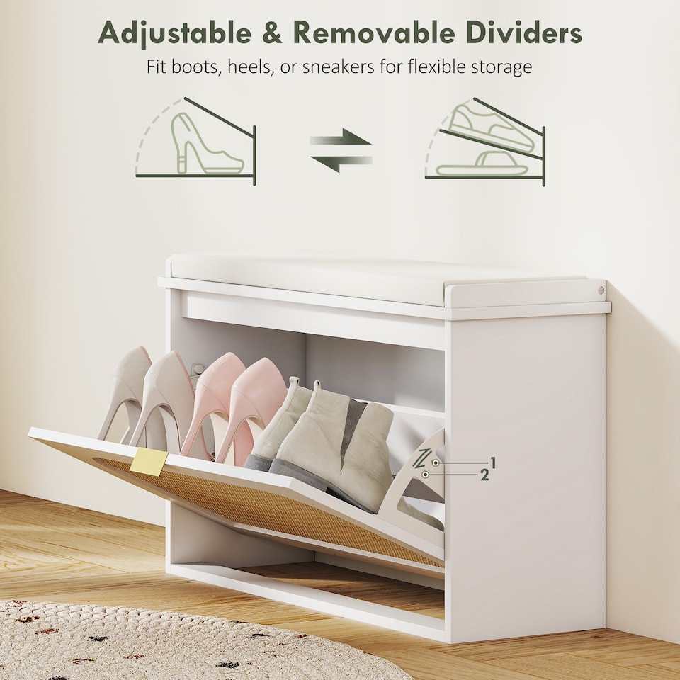 image 1 of HOMCOM Narrow Shoe Bench with Padded Seat and Flip-Drawer, Boho Shoe Storage Bench with Rattan Door and Adjustable Shelf for Hallway, Entryway, Holds 8 Pairs, White | White | White