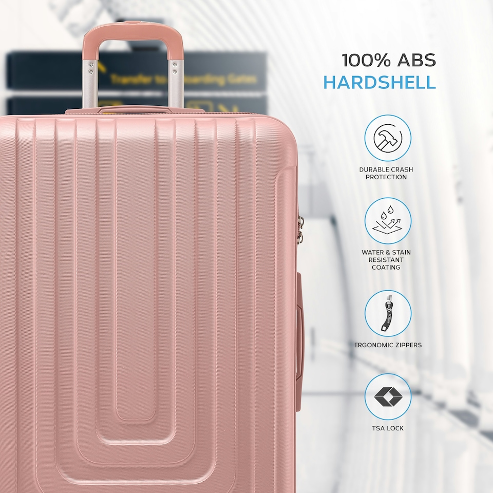 image 1 of Flight Knight Premium Lightweight Suitcase - Built-in Side Lock - 8 Spinner Wheels - ABS Hard Shell Carry On Or Check in Luggage - 100 Airlines Approved Pink | Rose Gold | Large