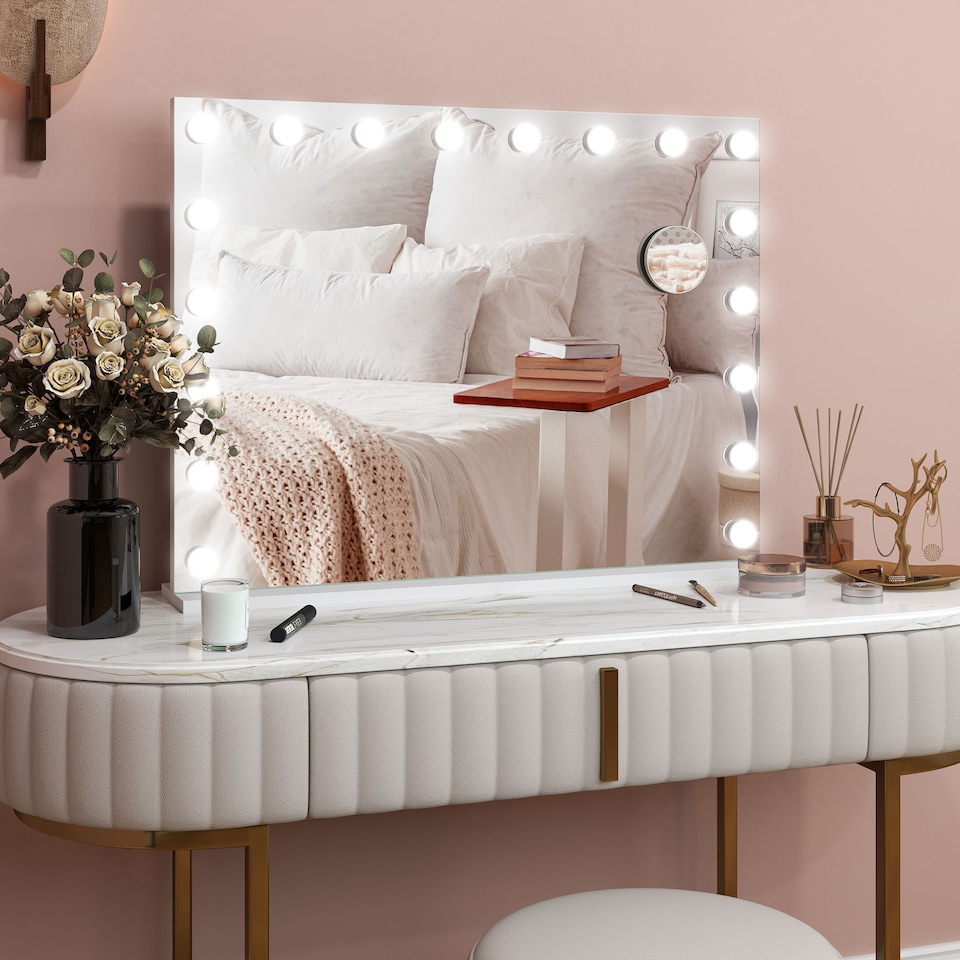image 1 of HOMCOM Hollywood Vanity Mirror with Lights, Large 80x62 cm Lighted Makeup Mirror with 3 Colour, 18 LED Bulbs, 10X Magnifying, USB Charging Port, Touch Screen, Tabletop or Wall Mounted Design, White