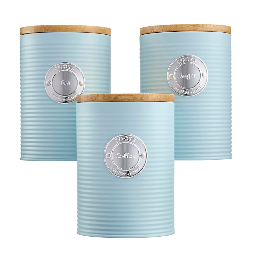 image 1 of Cooks Professional 3 Piece Ribbed Tea, Coffee, & Sugar Cannisters with Bamboo Lids | Stainless Steel Kitchen Storage Bins | Blue & Silver