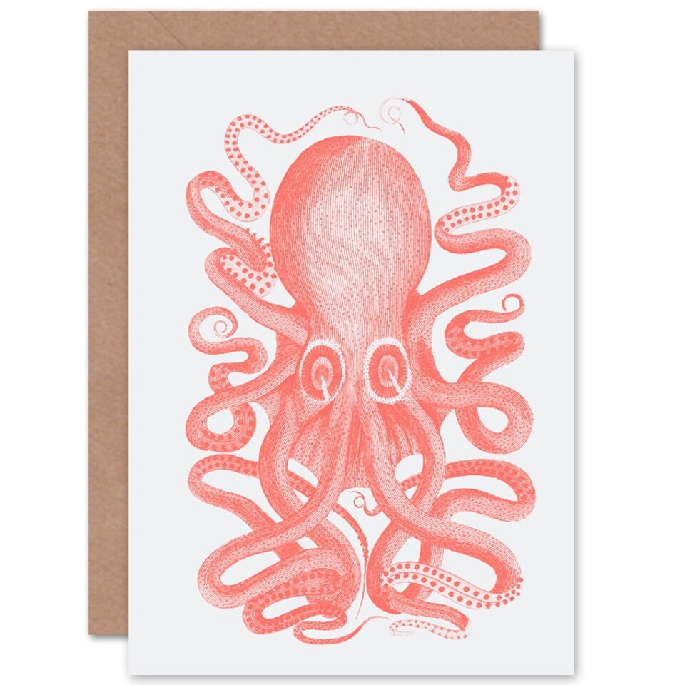 image 1 of Pink Coral Octopus Sea Animal Vintage Art Card