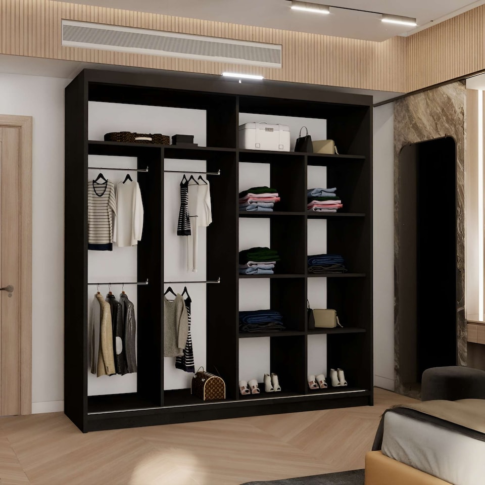 image 1 of Modern Mirror Sliding Wardrobe with Gloss Strips & Storage