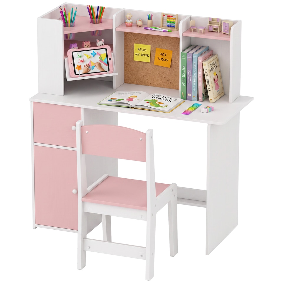 image 1 of AIYAPLAY Kids Desk and Chair Set w/ Cabinets for Ages 5-12 Years, Pink