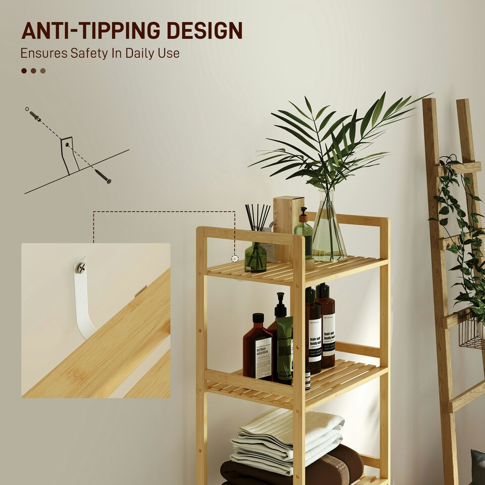 image 1 of HOMCOM 5-Tier Bamboo Bathroom Storage Shelf with Adjustable Rack, Natural