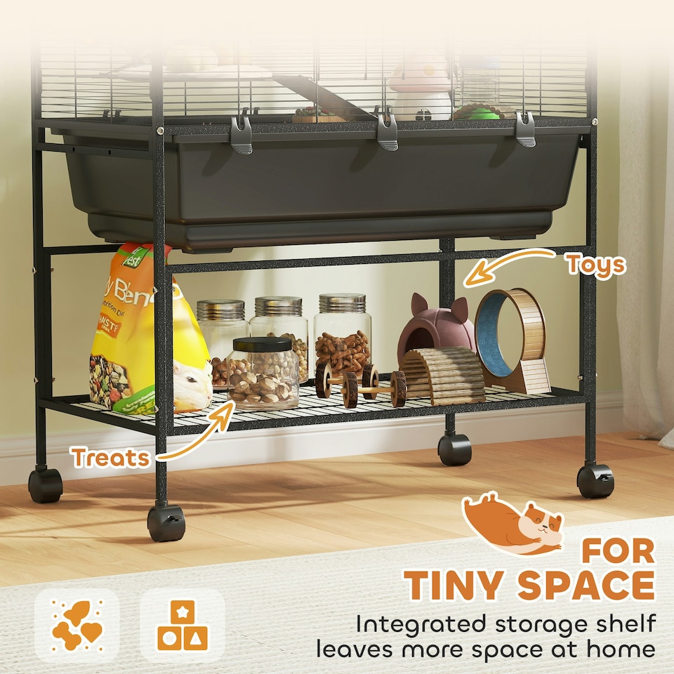 image 1 of PawHut Hamster Cage, 3 Tier Gerbil Cage on Wheels with Storage Shelf