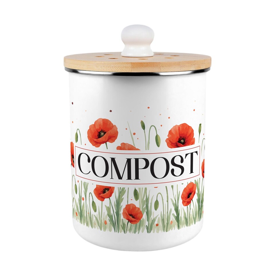 image 1 of Red Poppy Fields Compost Caddy - Metal 2L Decorative Kitchen Food Waste Bin