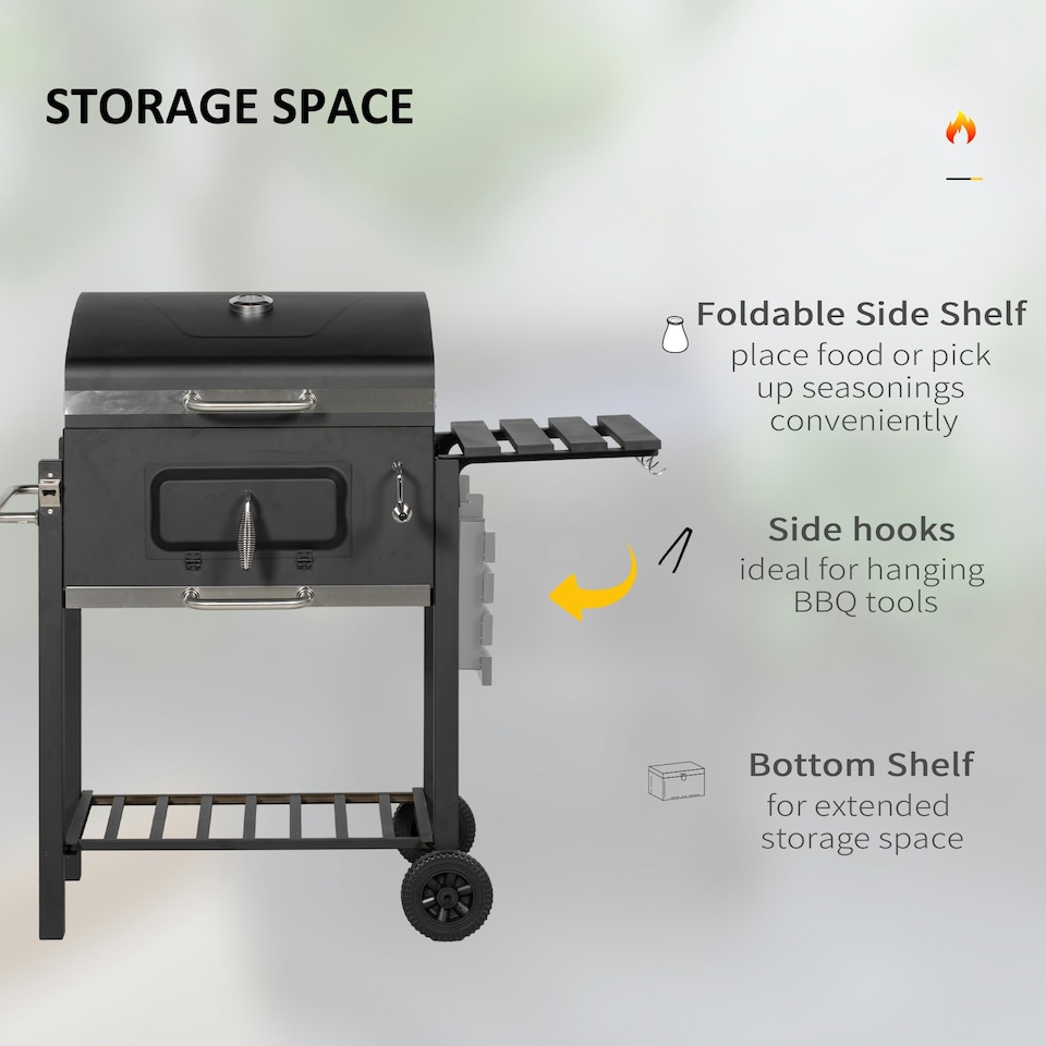 image 1 of Outsunny Charcoal Grill BBQ Trolley Wheels Shelf Side Thermometer Steel Black