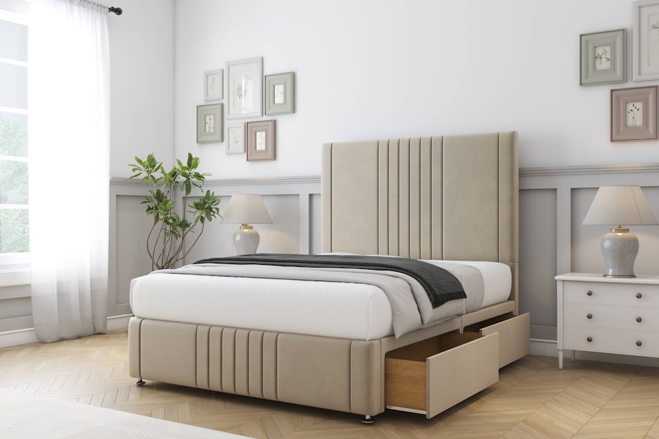 image 1 of Sloomy Harrington Almond Coniston Divan Bed With Mattress 2 Drawers Right Side With 26" Strutted Headboard & 12" Matching Footboard 4' Small Double | Cream | Almond | Small Double | 1