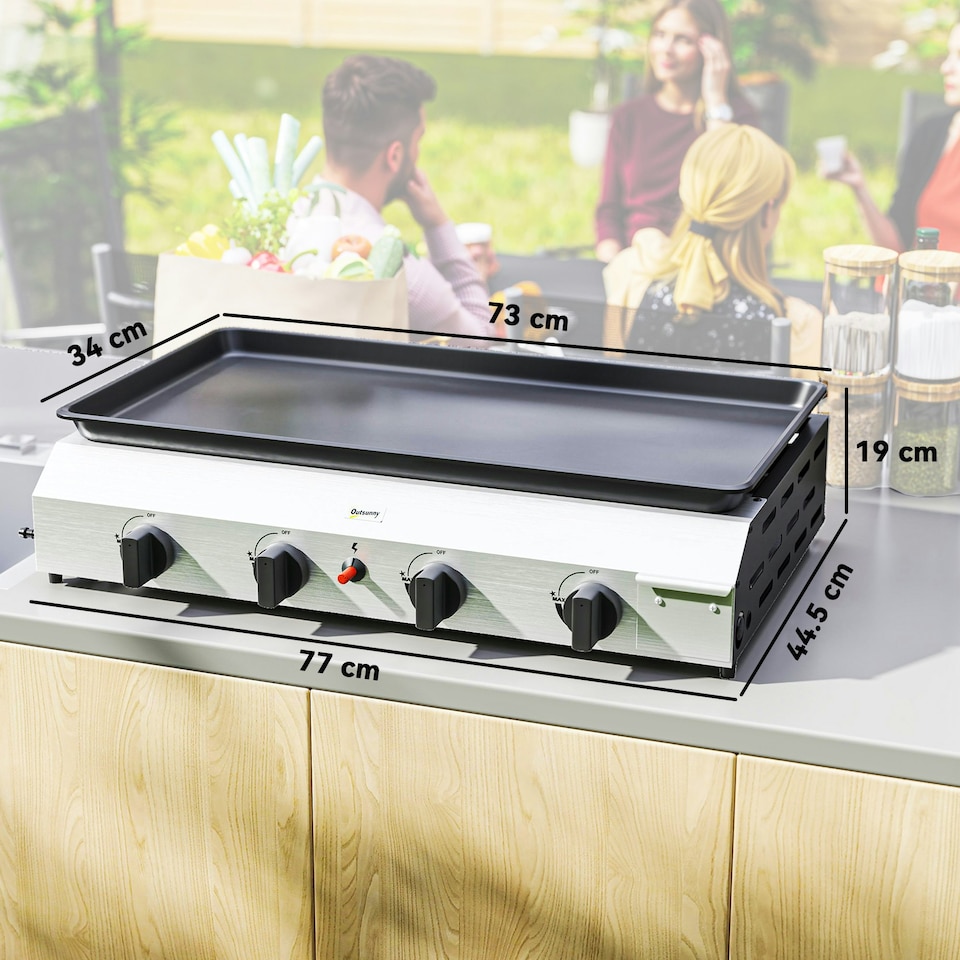 image 1 of Outsunny Gas Grill, Gas BBQ with Non-Stick Griddle for Camping, Silver Tone