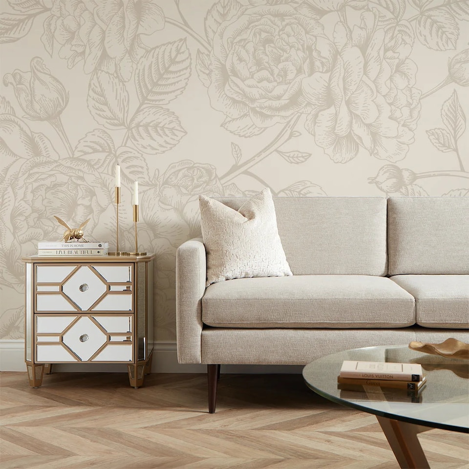image 1 of Gentle Roses Full Wall Mural in Mushroom and Cream | Cream | Mushroom And Cream | Large (300cm x 240cm)