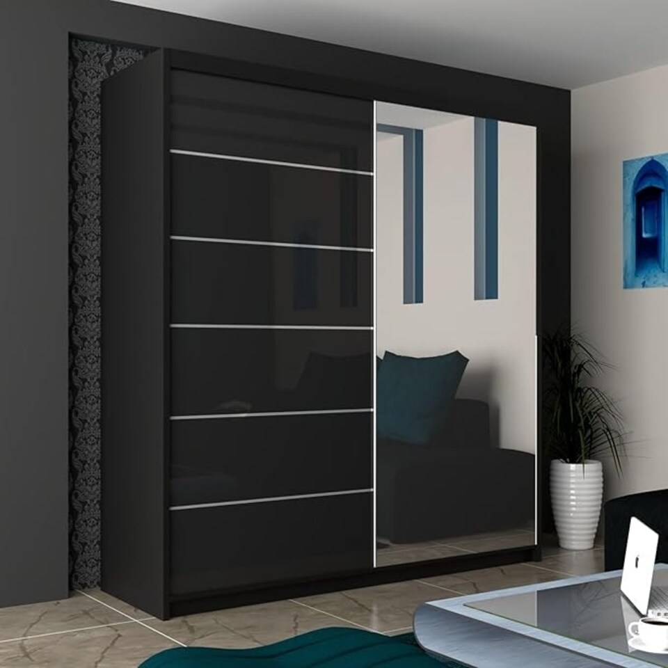 image 1 of Stylish 180cm Bedroom Wardrobe with Sleek Design & Space-Saving Sliding Doors Black | Black180cm