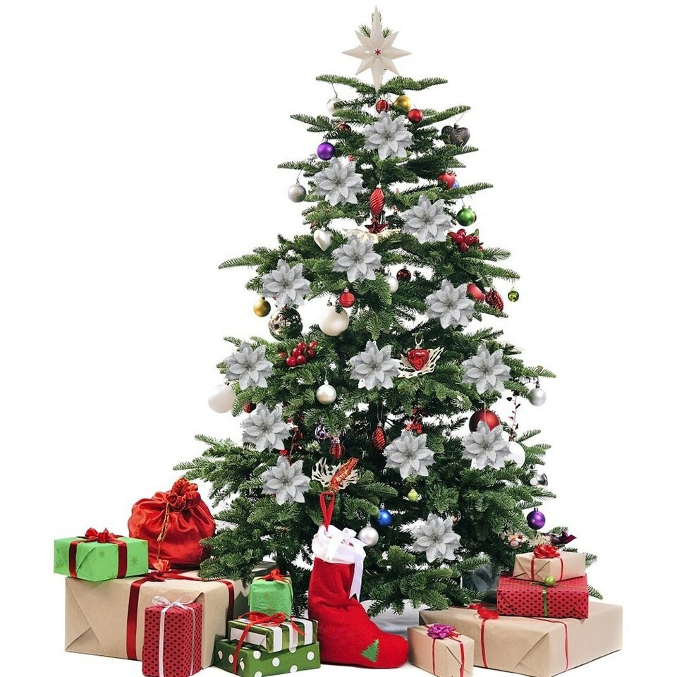 image 1 of Living and Home 24 Pcs Artificial Poinsettia Flowers Christmas Tree Ornament Set- Silver