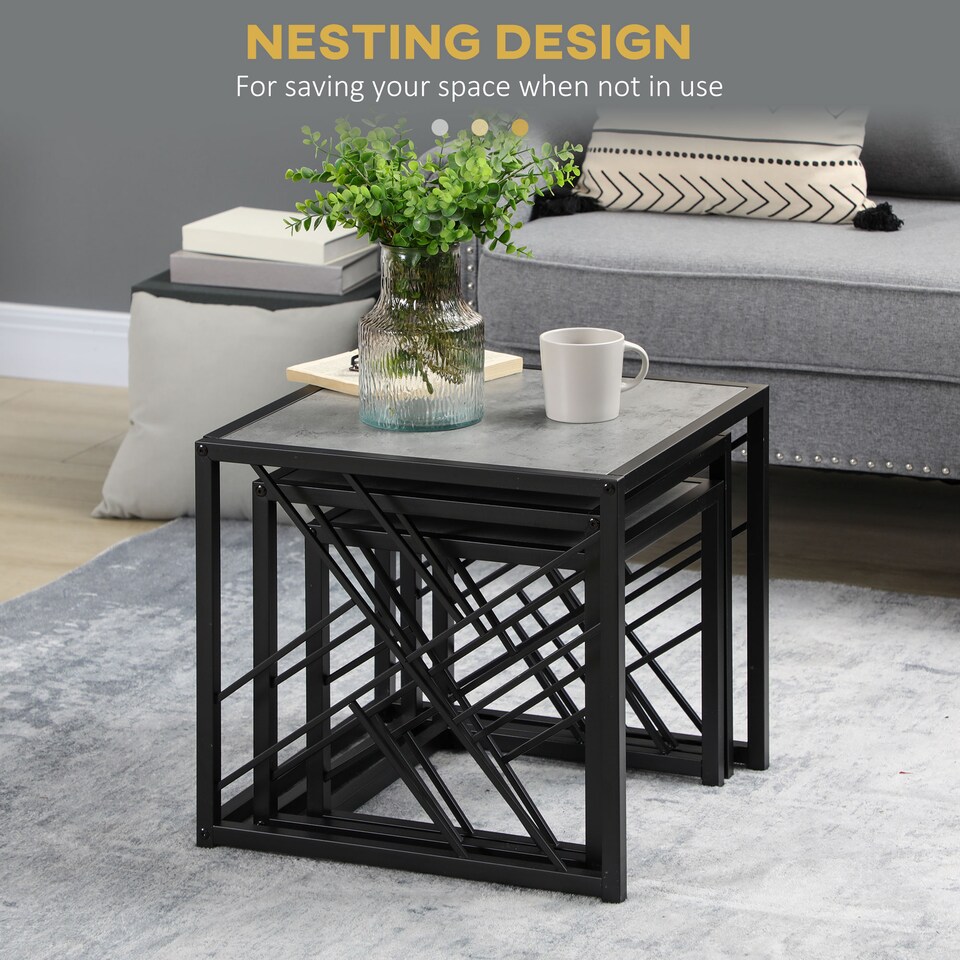 image 1 of HOMCOM Nesting Coffee Tables, Set of 3 Square Side Tables with Black Metal Frame, for Living Room, Bedroom and Office, Grey | Grey