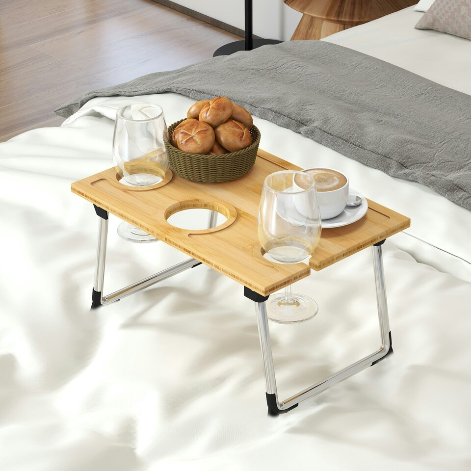 image 1 of HOMCOM Foldable Wine Table, Bamboo Picnic Table with Bottle Holder, Glass Holder Yellow | Natural