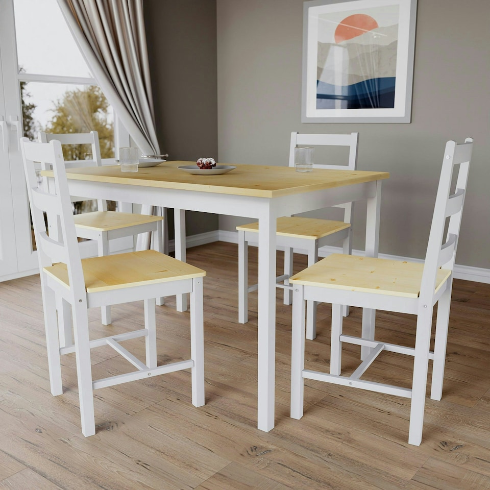 image 1 of Vida Designs Yorkshire 4 Seater Dining Set 5 Piece Table & Chairs, White & Pine