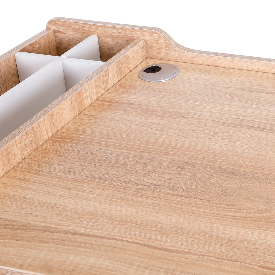 image 1 of HOMCOM Computer Desk, Writing Desk, Study Workstation with Drawer, Storage Compartments, Cable Management, Laptop Table, Metal Frame, 100 x 55 x 81.5cm, Oak and White