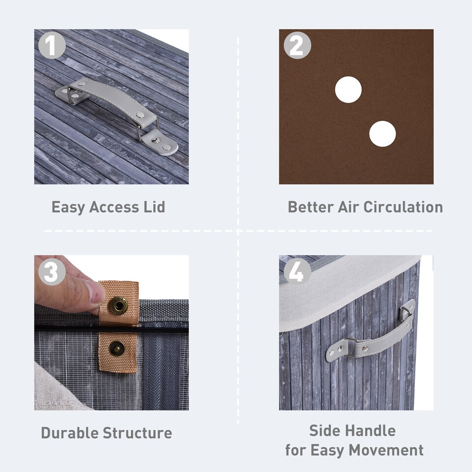 image 1 of HOMCOM 100L Collapsible Natural Wood  Laundry Hamper Organizer Clothes Washing Basket Bin Storage Box w Lid Removable Lining 52x32x63cm, Grey