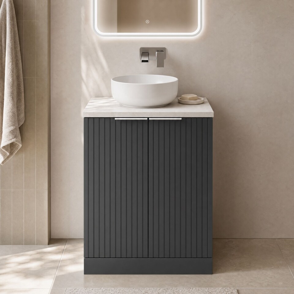 image 1 of Balterley Callingwood Contemporary Floor Standing 2 Door Vanity Unit with White Sparkle Laminate Worktop , 600mm, Dark Grey